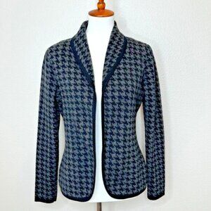 ELENA SOLANA‎ Wool Blend Open Front Jacket Blazer MEDIUM Houndstooth Black Gray